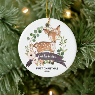 Ornamento De Cerâmica Floresta Personalizada de Primeira Garota de Natal