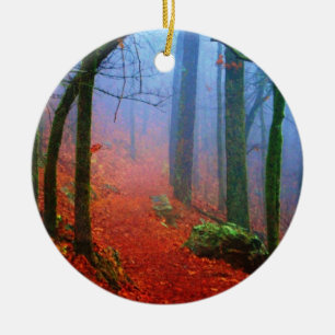 Ornamento De Cerâmica Floresta Pintada Outono Névoa Azul