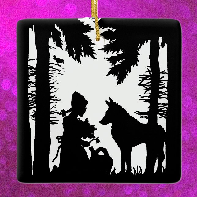 Ornamento De Cerâmica Florestas de Mão Vermelha Negra (Black and white Red riding hood kneeling under trees with wolf flowers on hanging ornament.)