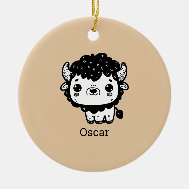 Ornamento De Cerâmica Fluffy Bison Baby - Kawaii Fazenda Arte Animal (Frente)