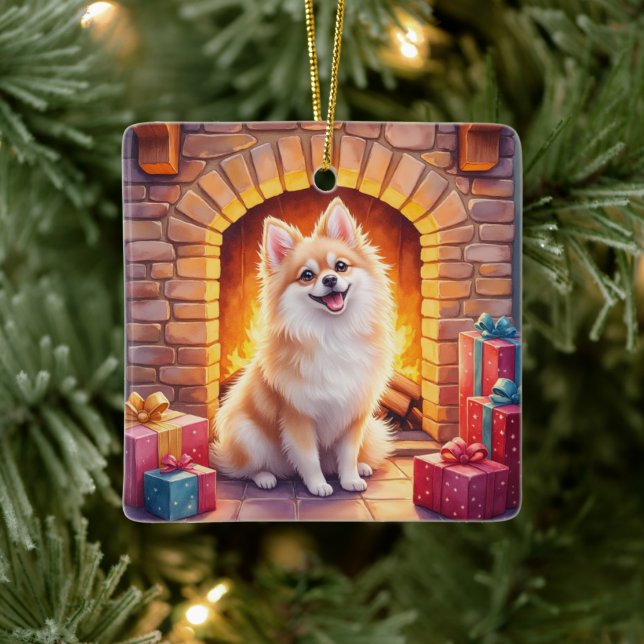 Ornamento De Cerâmica Fluffy Pomeranian Cozy Christmas Fireplace Dog Art (Árvore)