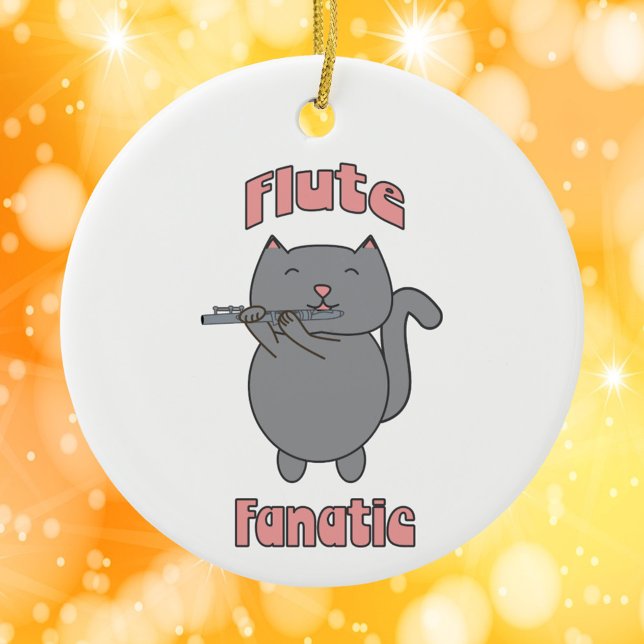 Ornamento De Cerâmica Flute Fanatic Musical Gray Cat Pink (An ornament featuring a gray cat playing the flute and the words flute fanatic in pink.)