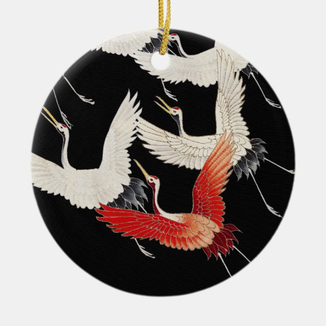 Ornamento De Cerâmica Flying Cranes Japanese Bird Kimono Art (Frente)