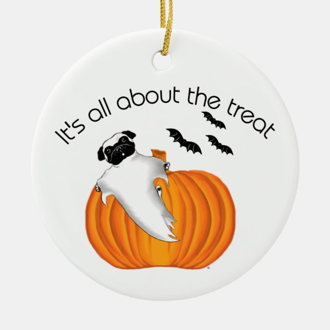 Ornamento De Cerâmica Flying Halloween Pug Ghost Funny Saying Pumpkin (Frente)