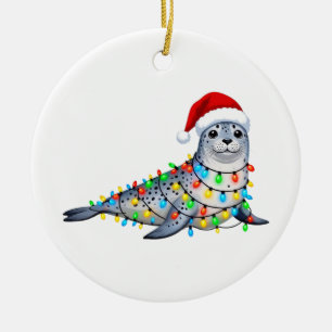 Ornamento De Cerâmica Foca Festiva Coberta com Luzes de Natal