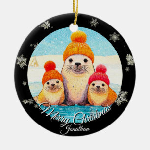 Ornamento De Cerâmica Focas fofas com ilustração de Natal de chapéu de t