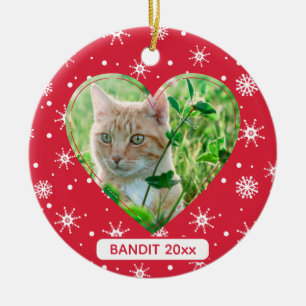 Ornamento De Cerâmica Fofa Foto de Gato Pet Floco de Neve Vermelho Natal
