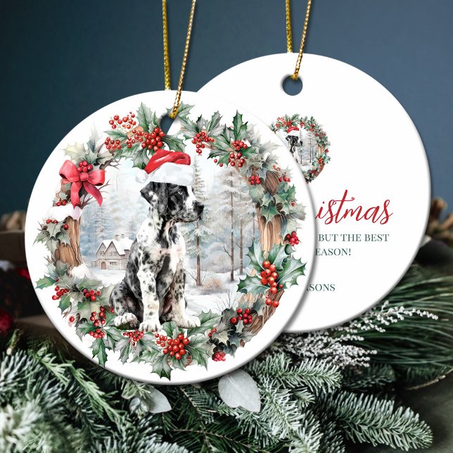Ornamento De Cerâmica Fofo de Natal, ótimo cachorrinho dane Chapéu de Pa (Cute Christmas great dane dog puppy Santa hat Ceramic Ornament)