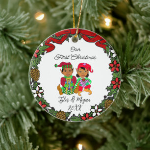 Ornamento De Cerâmica Fofo personalizou nossas primeiras elfos de Natal
