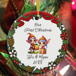 Ornamento De Cerâmica Fofo personalizou nossas primeiras elfos de Natal<br><div class="desc">Adicione seus nomes e o ano a este Enfeites de natal fofo personalizado,  "Nosso Primeiro Natal" com um belo casal de elfo.</div>