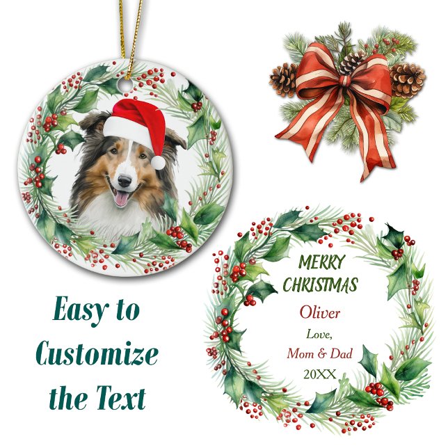 Ornamento De Cerâmica Fofo Shetland Sheepdog Holly Wreath Natal (Criador carregado)