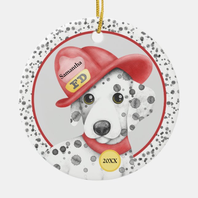 Ornamento De Cerâmica Fogo em Cubo, Puppy Dalmaciano Personalizado (Frente)
