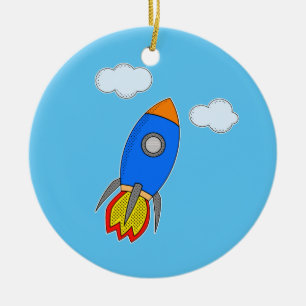 Ornamento De Cerâmica Foguete Espacial do Cartoon no Céu Azul