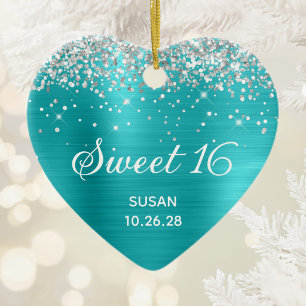 Ornamento De Cerâmica Foil Azul Turquesa Brilho Prata Foto Sweet 16