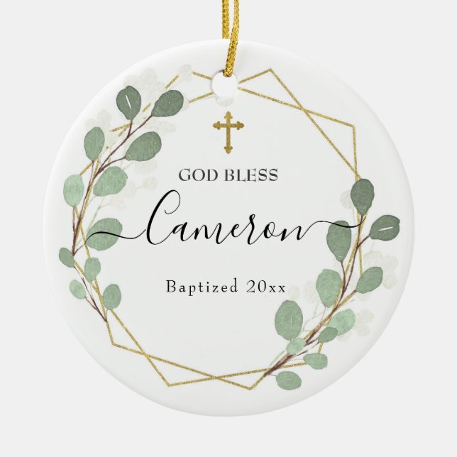 Ornamento De Cerâmica Folha Geométrica Verde Batizada Cerâmica (Frente)