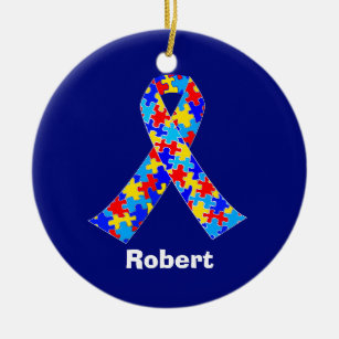 Ornamento De Cerâmica Folha Quebra-cabeça azul de consciência do autismo