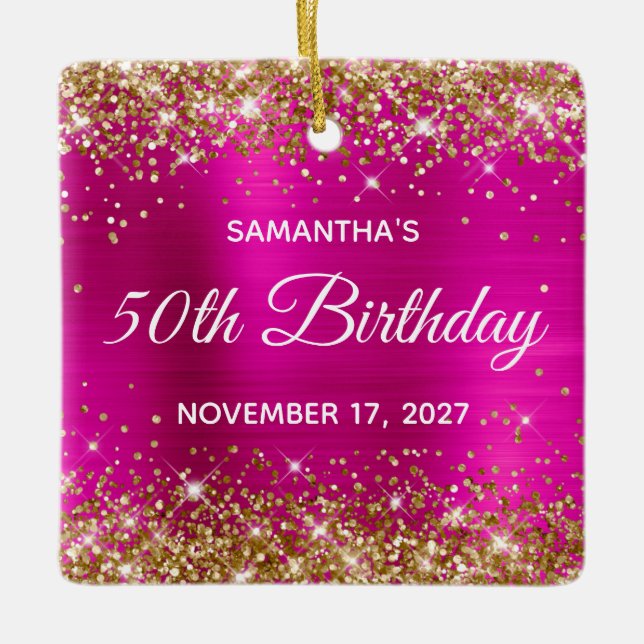 Ornamento De Cerâmica Folha rosa-quente Dourada com brilho 50.º Aniversá (Frente)