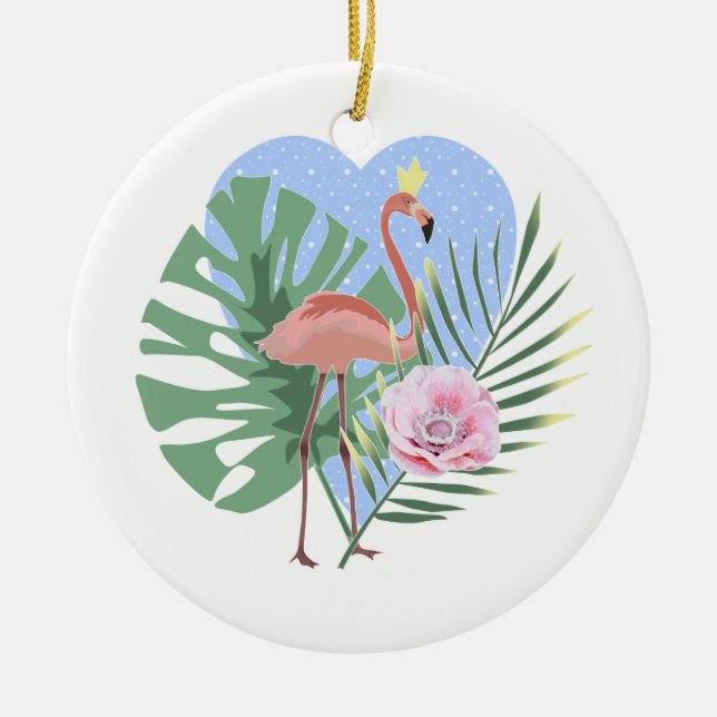 Ornamento De Cerâmica Folha tropical rosa Flamingo (Frente)