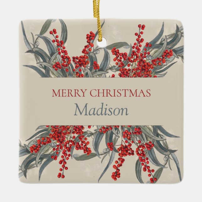 Ornamento De Cerâmica Folhagem Botânica de Berries e Eucalyptus de Natal (Frente)