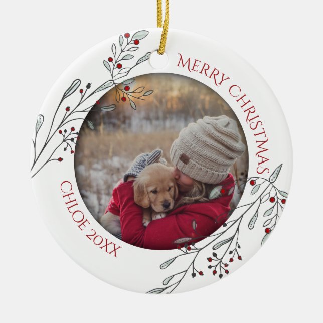 Ornamento De Cerâmica Folhagem de Natal e Berries (Frente)