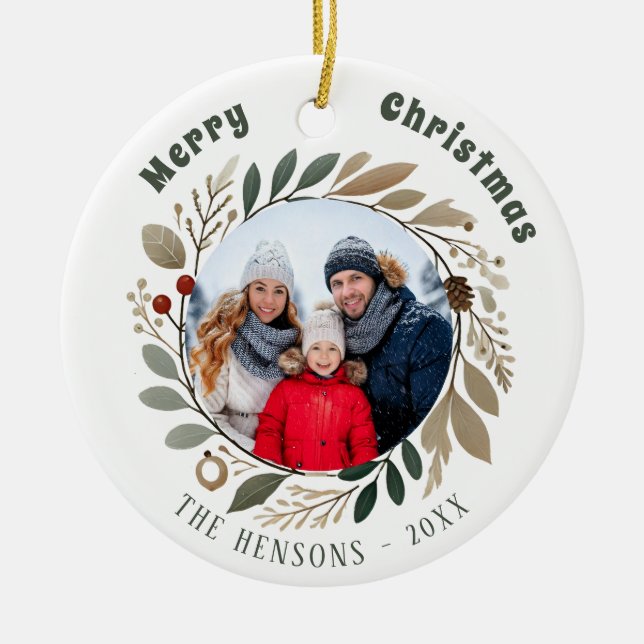 Ornamento De Cerâmica Folhagem de Wreath Avançada Foto de Feliz Natal (Frente)