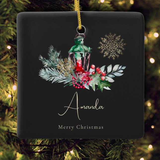 Ornamento De Cerâmica Folhagem Dourada Negra Lanterna Moderna Feliz Nata (Criador carregado)