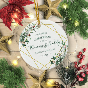 Ornamento De Cerâmica Folhagem Nosso Primeiro Natal como Mamãe e Papai