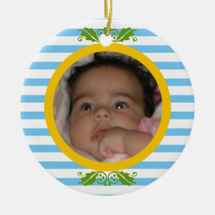 Ornamento De Cerâmica Folhas azuis Foto de Natal de 1rua de Bebê