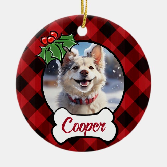 Ornamento De Cerâmica Folhas clássicas da Xadrez vermelha Holly (Frente)