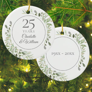 Ornamento De Cerâmica Folhas de Aquarela 25º Aniversário de Casamento