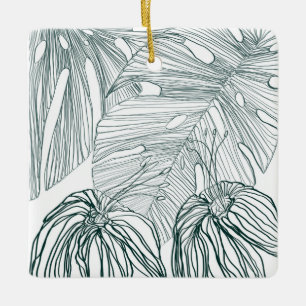 Ornamento De Cerâmica folhas de monstera verde-escura e lírios contorno