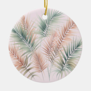 Ornamento De Cerâmica Folhas de Palma Rosa Verde Tropical Blush