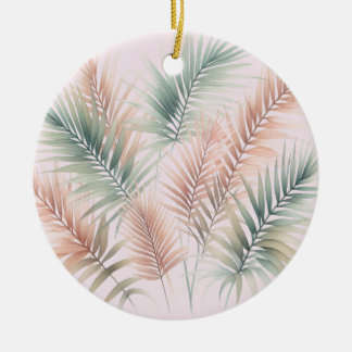 Ornamento De Cerâmica Folhas de Palma Rosa Verde Tropical Blush
