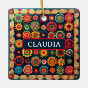 Ornamento De Cerâmica Folheto de Cordas Cortantes Florais Quilt Natal