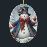 Ornamento De Cerâmica Folk Art Christmas Snowman<br><div class="desc">Folk Art Christmas Snowman Cerâmica Traga muito mais alegria de férias para a sua árvore com um ornamento cerâmico personalizado. Adicione fotos da família,  imagens e mensagens pessoais a ambos os lados deste ornamento. Um fio de ouro torna fácil pendurar esta fantástica marca de sempre.</div>