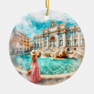 Ornamento De Cerâmica Fonte de Trevi Roma Itália Aquarela