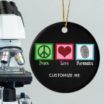 Ornamento De Cerâmica Forense de Paz e Amor<br><div class="desc">Um legal ornamento científico forense para um cientista ou especialista em cena de crime que é obcecado com crimes reais e resolve capas de assassinato. Ele apresenta um sinal de paz, coração e impressão digital. Um presente bonito para um analista ou técnico do laboratório criminal que examina evidências para investigar...</div>