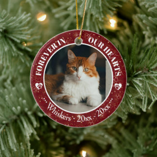 Ornamento De Cerâmica Forever in Our Hearts Cat Photo and Name Memorial