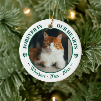 Ornamento De Cerâmica Forever in Our Hearts Cat Photo and Name Memorial