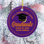 Ornamento De Cerâmica Formando Laranja Roxo Personalizado 2024<br><div class="desc">Este moderno Enfeites de natal formando roxo e laranja personalizado apresenta o seu segundo grau ou nome de universidade para a classe de 2024. Personalize com o seu ano de graduação com o script de chic manuscrito e o boné de formando preto para um presente de graduação personalizado de excelente....</div>