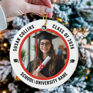 Ornamento De Cerâmica Formatura com Foto Personalizada em Vermelho e Bra