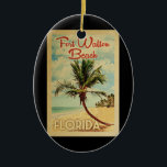 Ornamento De Cerâmica Fort Walton Beach Palm Viagens vintage<br><div class="desc">Um impressão de arte exclusivo do século médio moderno Fort Walton Beach,  na Flórida,  no estilo de poster viagens vintage. Ele apresenta uma palmeira curva na praia arenosa com oceano sob um céu azul nublado.</div>