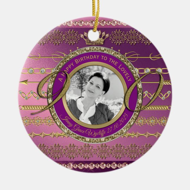 Ornamento De Cerâmica Foto: 90 Birthday Dourado Crown Diamantes Frame (Frente)