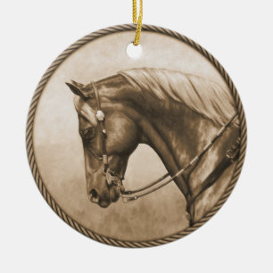 Ornamento De Cerâmica Foto antiga do Cavalo Ranzeiro Ocidental Sepia