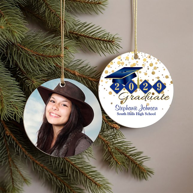 Ornamento De Cerâmica Foto azul de gradação e Dourada 20xx (Graduation Blue and Gold Photo Ceramic Ornament)