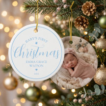 Foto Azul de Lembrança do Primeiro Natal do Bebê