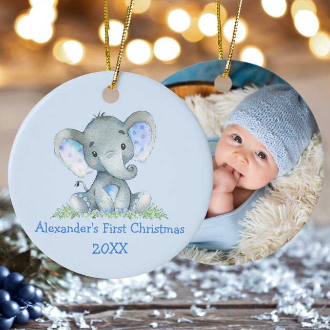 Ornamento De Cerâmica Foto Azul do Elefante do Primeiro Natal (Customize with name, year and photo on back.)
