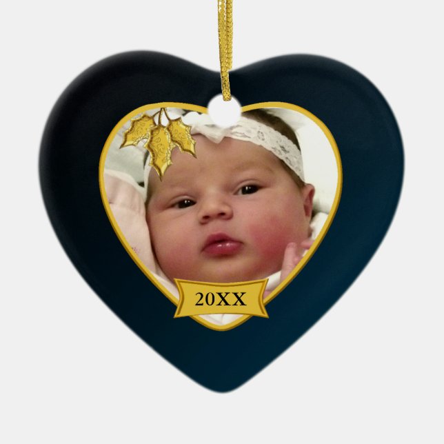 Ornamento De Cerâmica Foto azul escuro do ø Natal do bebê (Frente)