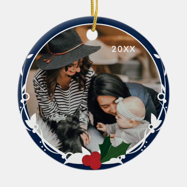 Ornamento De Cerâmica Foto azul Holly Natal (Frente)