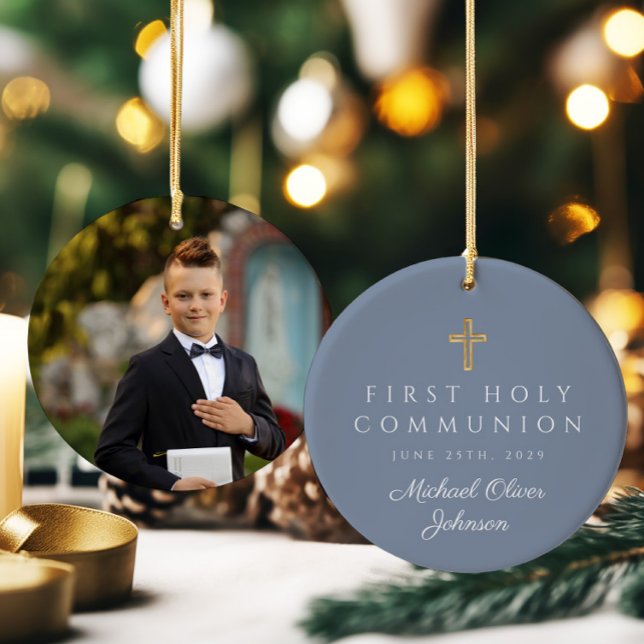 Ornamento De Cerâmica Foto Azul - Primeira Comunhão de Cristo Religioso (Blue Photo Religious Cross Boy First Communion Ceramic Ornament)